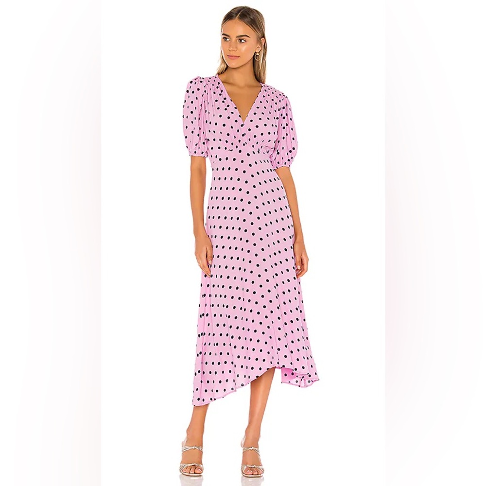 Faithful the Brand Vittoria Midi Dress Pink Polka Dot Cap Sleeve Midi V-Neck